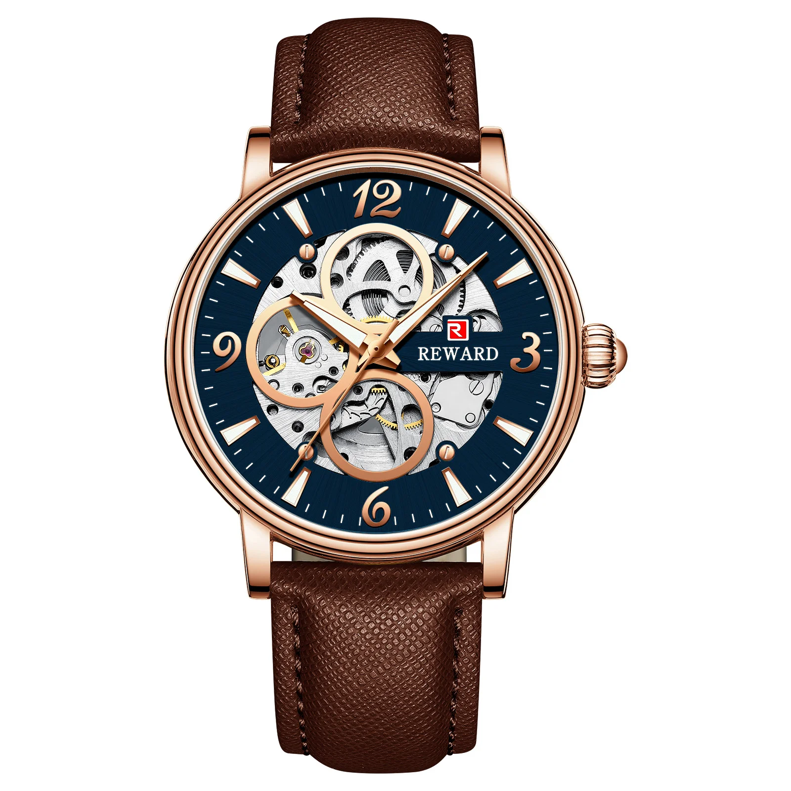 Reward Mechanical Watches Men Oem Luxury Skeleton Leather Band Mens Automatic Watch RD33001M
