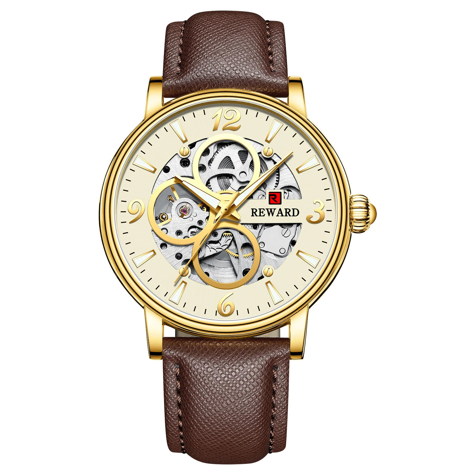 Reward Mechanical Watches Men Oem Luxury Skeleton Leather Band Mens Automatic Watch RD33001M